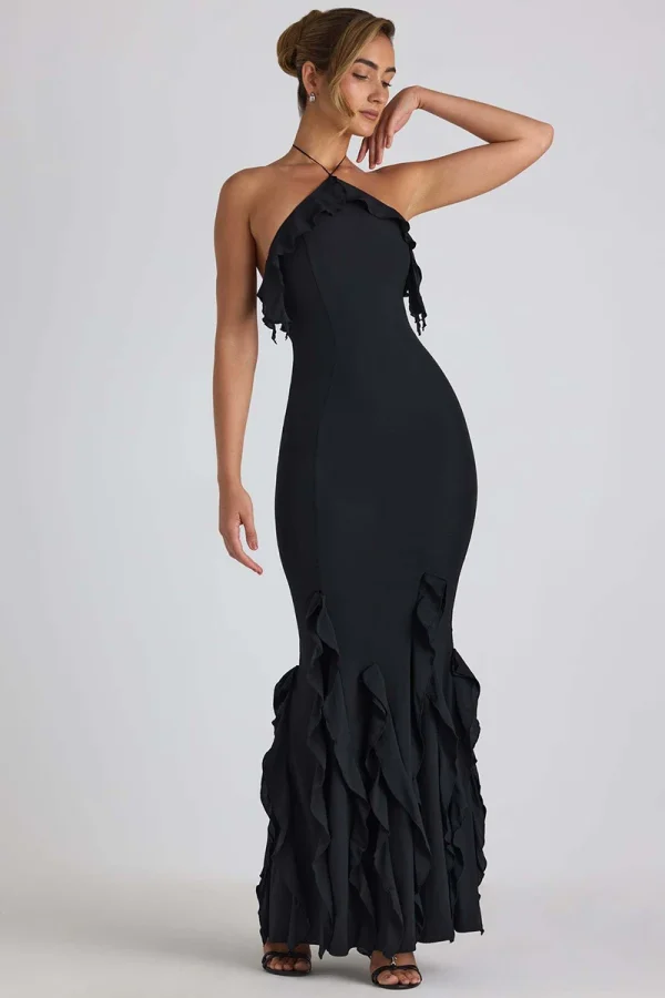 Elegant Ruffle Off Shoulder Backless Split Evening Party Maxi Dress - Image 6
