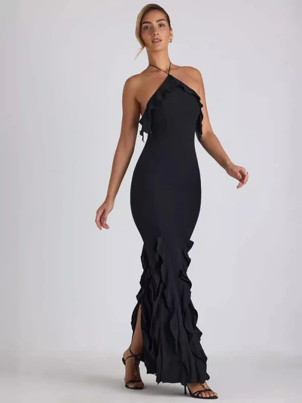 Elegant Ruffle Off Shoulder Backless Split Evening Party Maxi Dress - Image 7