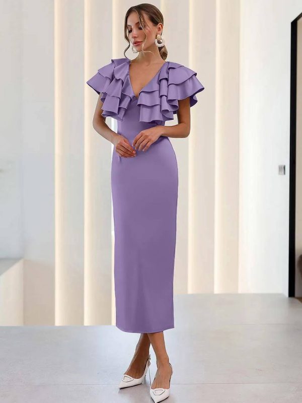 Elegant Satin V-Neck Ruffled Sleeveless Slim Straight Mid-Calf Dress