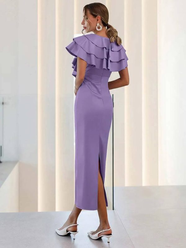Elegant Satin V-Neck Ruffled Sleeveless Slim Straight Mid-Calf Dress - Image 2