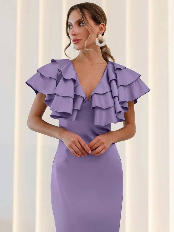 Elegant Satin V-Neck Ruffled Sleeveless Slim Straight Mid-Calf Dress - Image 3