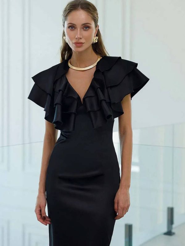 Elegant Satin V-Neck Ruffled Sleeveless Slim Straight Mid-Calf Dress - Image 6