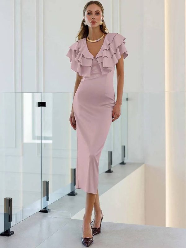 Elegant Satin V-Neck Ruffled Sleeveless Slim Straight Mid-Calf Dress - Image 7