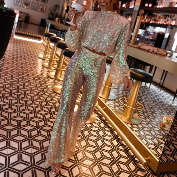 Elegant Sequin Lantern Sleeve Tops Pullover High Waist Pant 2 Piece Suit - Image 2