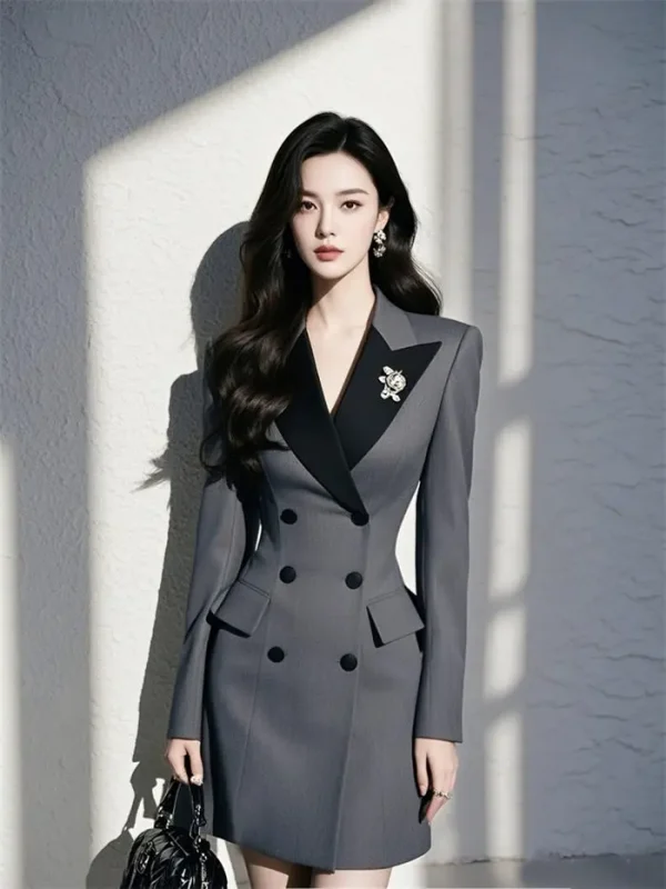 Elegant Sheath Turn-Down Collar Office Style Patchwork Suit Blazer Dress - Image 2