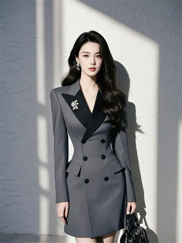 Elegant Sheath Turn-Down Collar Office Style Patchwork Suit Blazer Dress