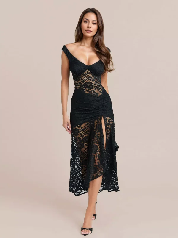 Elegant Sheer Lace Sleeveless Maxi Dress With High Slit