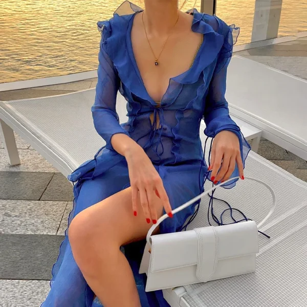 Elegant Side Split V neck Perspective Ruffle Drawstring Tight Maxi Dresses - Image 10