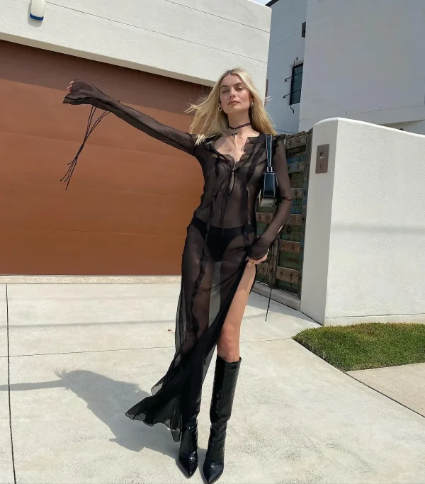 Elegant Side Split V neck Perspective Ruffle Drawstring Tight Maxi Dresses - Image 16