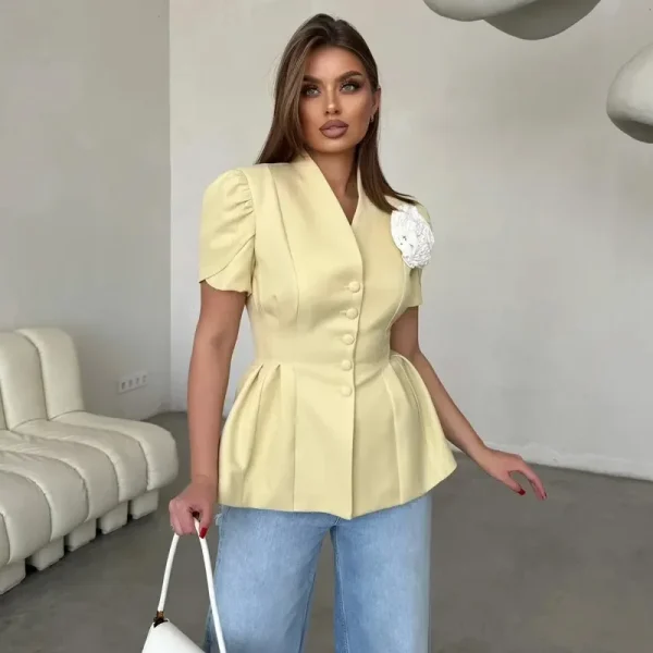 Elegant Single Breasted Short Sleeves Slim Waist 3d Flower Blazer - Image 11