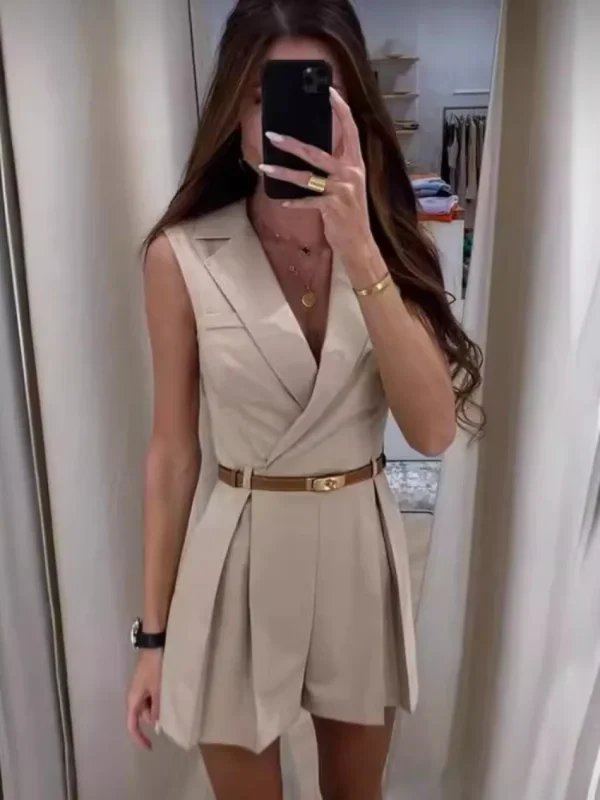 Elegant Single Breasted Sleeveless Lapel Slim Office Style Shorts Jumpsuit - Image 6