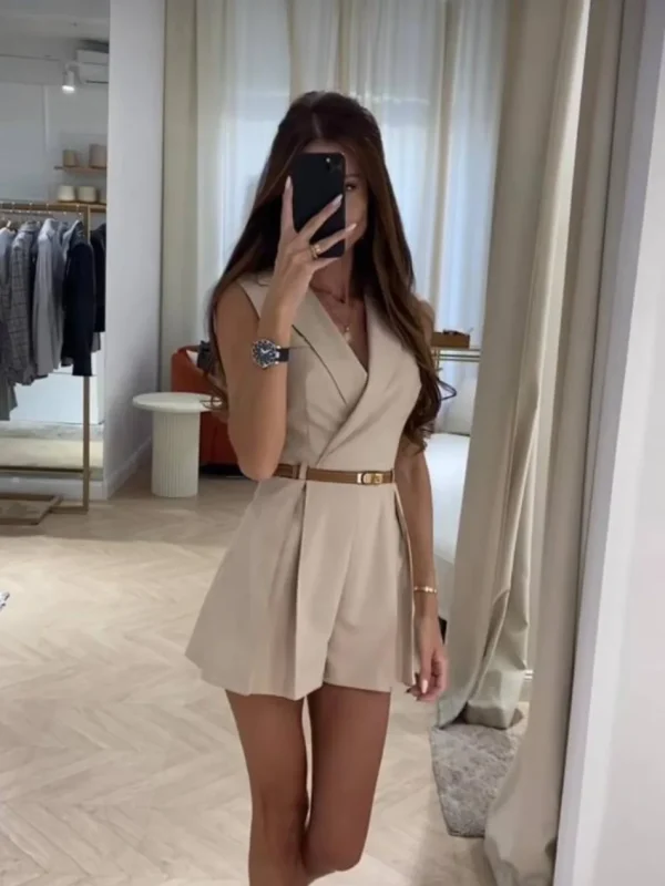 Elegant Single Breasted Sleeveless Lapel Slim Office Style Shorts Jumpsuit - Image 5