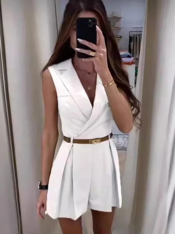 Elegant Single Breasted Sleeveless Lapel Slim Office Style Shorts Jumpsuit - Image 2