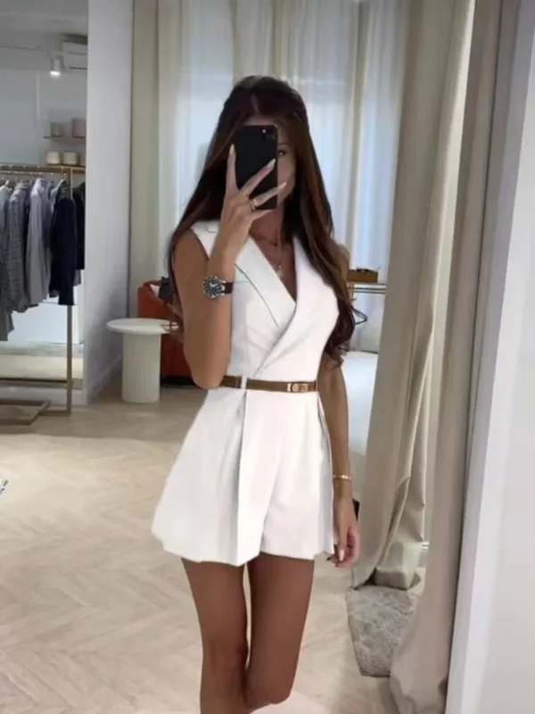 Elegant Single Breasted Sleeveless Lapel Slim Office Style Shorts Jumpsuit