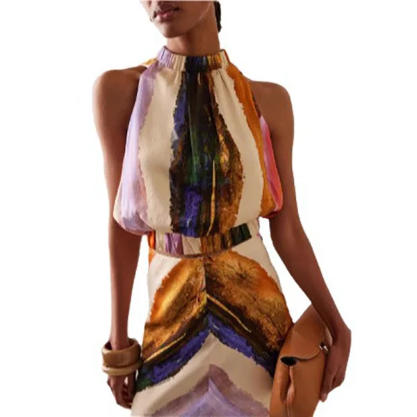 Elegant Sleeveless O-neck Vintage Commute 2PC Leisure Pleated Dress - Image 2