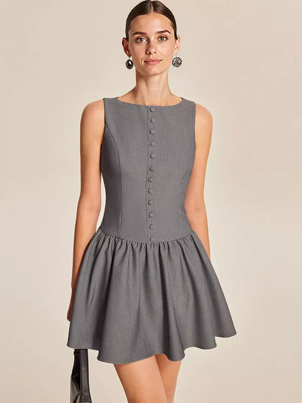 Elegant Sleeveless Pleated With Button-Front Mini Dress