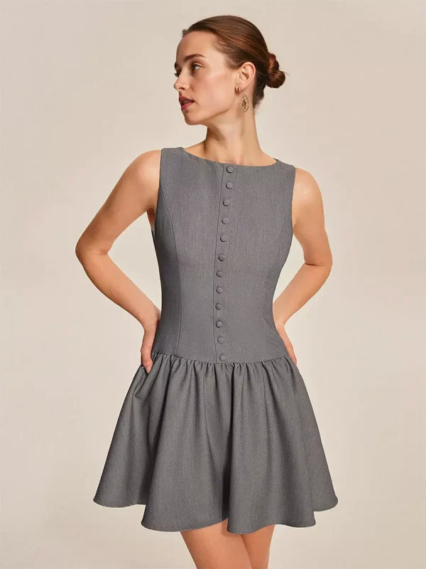 Elegant Sleeveless Pleated With Button-Front Mini Dress - Image 2