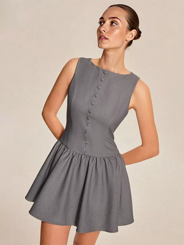 Elegant Sleeveless Pleated With Button-Front Mini Dress - Image 3