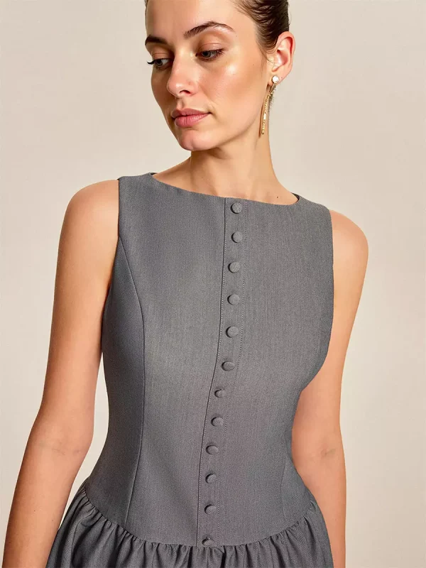 Elegant Sleeveless Pleated With Button-Front Mini Dress - Image 4