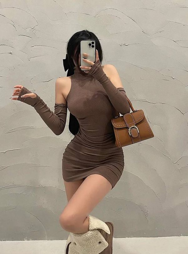 Elegant Solid Color High Neck Slim Fit Evening Party Mini Dress