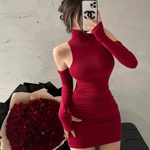 Elegant Solid Color High Neck Slim Fit Evening Party Mini Dress - Image 5
