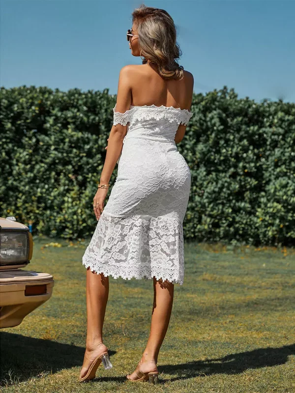 Elegant Solid Color Off-Shoulder Backless Lace Belted Midi Dress - Image 7