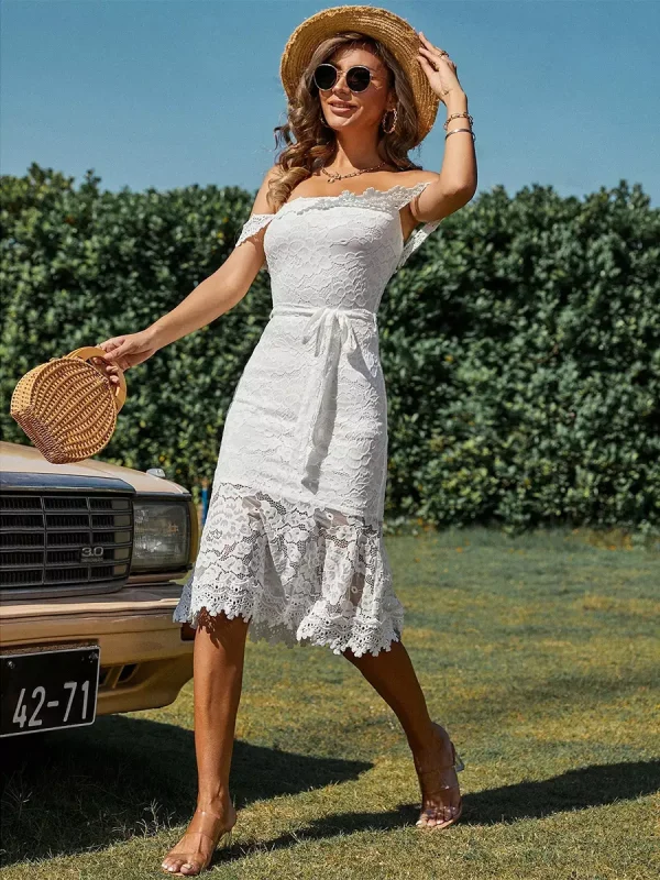 Elegant Solid Color Off-Shoulder Backless Lace Belted Midi Dress - Image 2