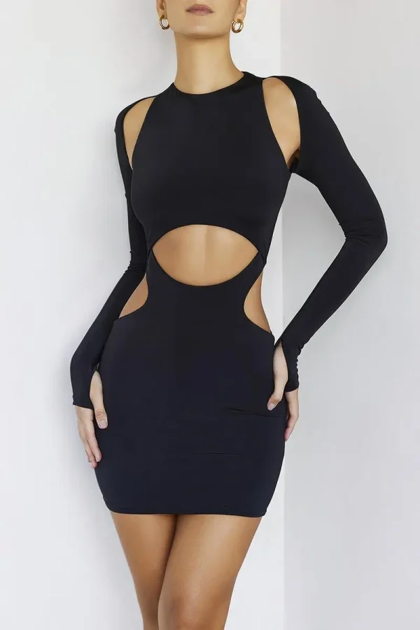 Elegant Solid Hollow O-Neck Long Sleeve Party Club Skinny Mini Dress