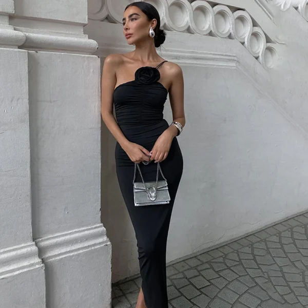Elegant Solid Sleeveless Aesthetic Oblique Strap Backless Prom Dresses