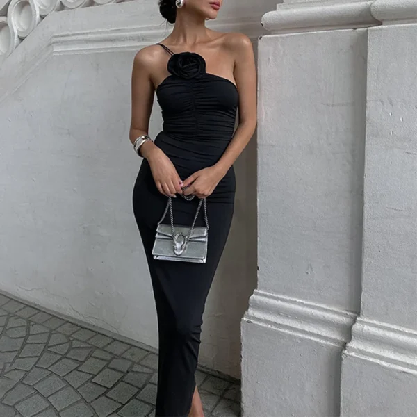 Elegant Solid Sleeveless Aesthetic Oblique Strap Backless Prom Dresses - Image 4