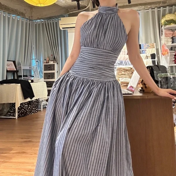 Elegant Stripe Print O-Neck Backless Sleeveless High Waist Pleated Long Dresses - Image 2