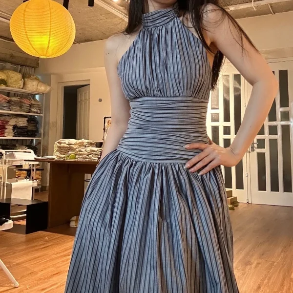 Elegant Stripe Print O-Neck Backless Sleeveless High Waist Pleated Long Dresses - Image 3