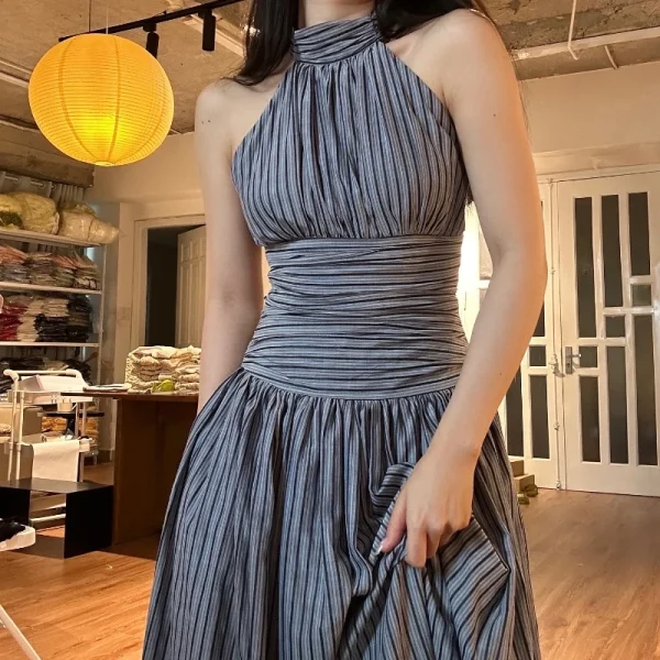 Elegant Stripe Print O-Neck Backless Sleeveless High Waist Pleated Long Dresses - Image 4