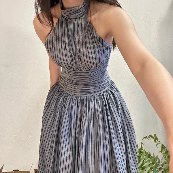 Elegant Stripe Print O-Neck Backless Sleeveless High Waist Pleated Long Dresses - Image 5