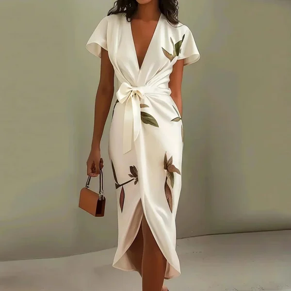 Elegant Tie-up Bow Floral Print Irregular Slim Boho V-Neck Knot Hollow Party Dresses