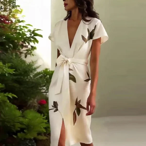 Elegant Tie-up Bow Floral Print Irregular Slim Boho V-Neck Knot Hollow Party Dresses - Image 2