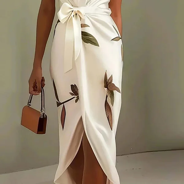 Elegant Tie-up Bow Floral Print Irregular Slim Boho V-Neck Knot Hollow Party Dresses - Image 4