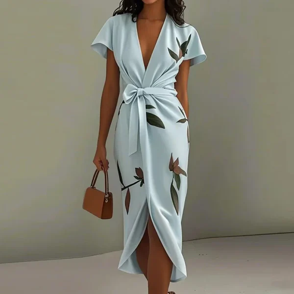 Elegant Tie-up Bow Floral Print Irregular Slim Boho V-Neck Knot Hollow Party Dresses - Image 5