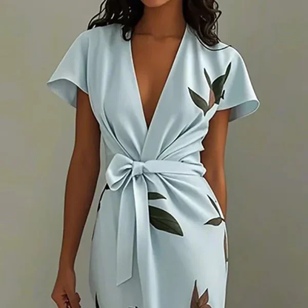 Elegant Tie-up Bow Floral Print Irregular Slim Boho V-Neck Knot Hollow Party Dresses - Image 6