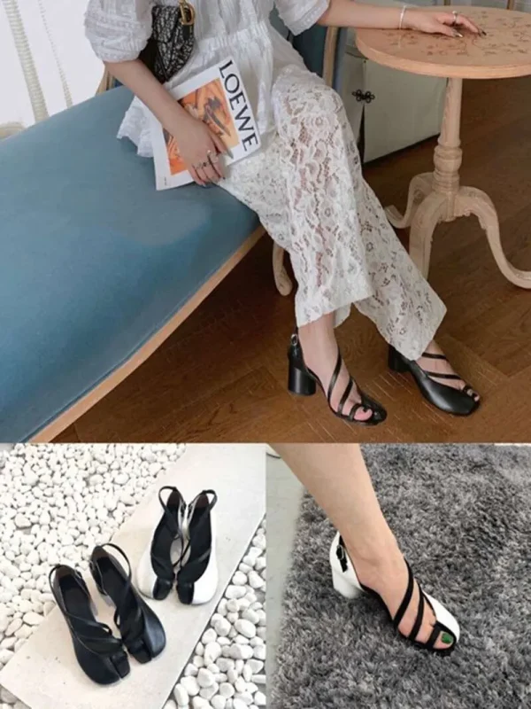 Elegant Cross-Strap Toe Ankle Strap Split Toe High Round Heel Sandals - Image 11