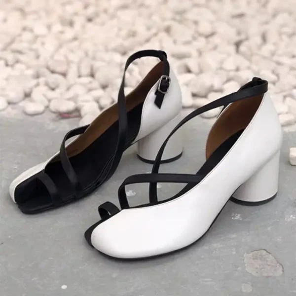 Elegant Cross-Strap Toe Ankle Strap Split Toe High Round Heel Sandals - Image 3