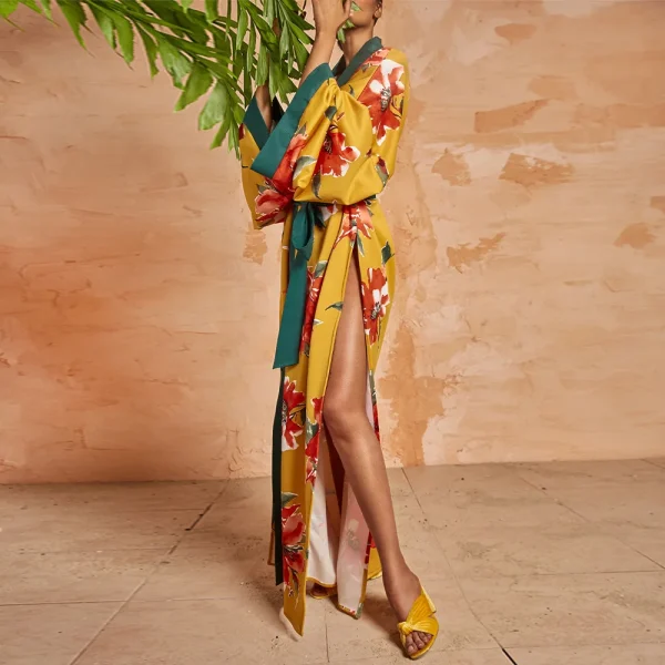 Elegant Traditional Popular Print Flower Silk Dress - Image 4