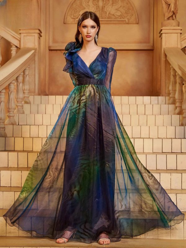 Elegant V Neck A Line Long Sleeved Party Graduation Perform Maxi Dress - Image 5