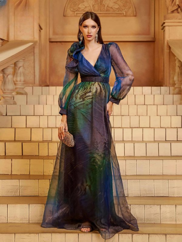 Elegant V Neck A Line Long Sleeved Party Graduation Perform Maxi Dress - Image 3
