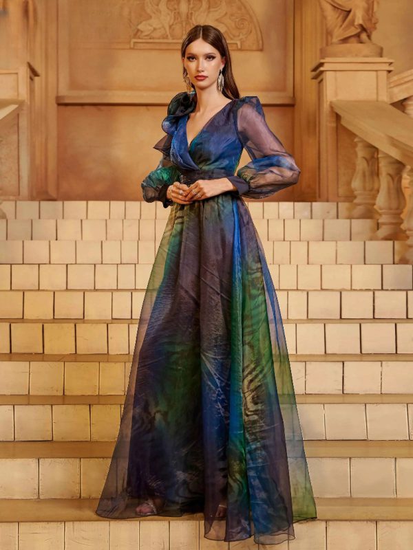 Elegant V Neck A Line Long Sleeved Party Graduation Perform Maxi Dress - Image 2