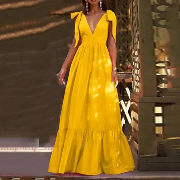 Elegant V-Neck Backless Hollow Out Long Party Maxi Dress - Image 3
