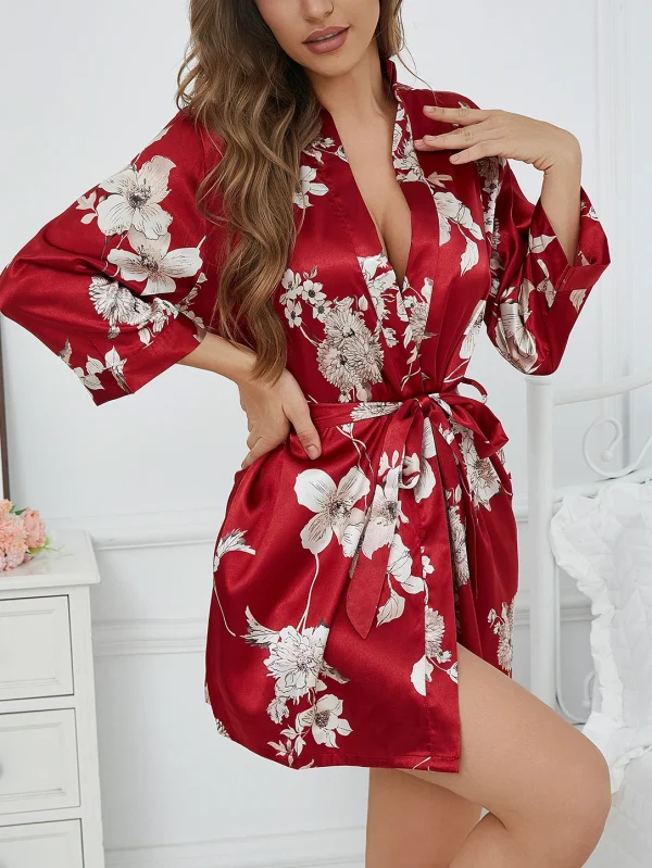 Elegant V-Neck Belted Robe Floral Print with Flowy Sleeves Silk Lounge wear - Image 5