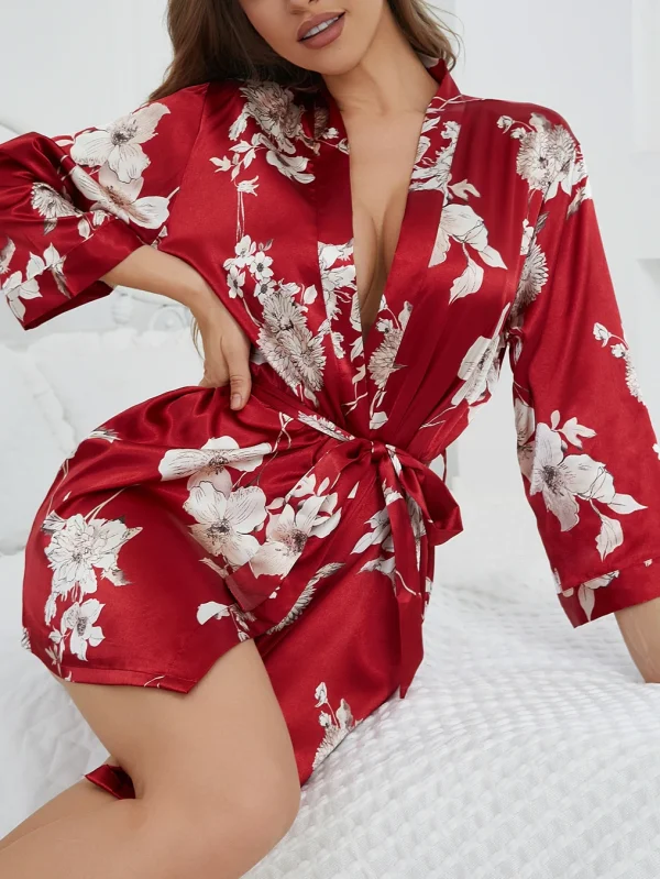 Elegant V-Neck Belted Robe Floral Print with Flowy Sleeves Silk Lounge wear - Image 8