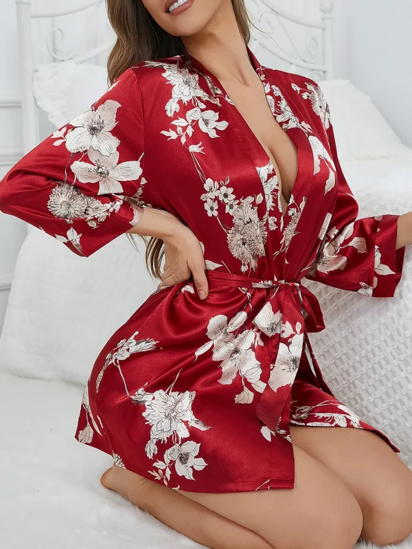 Elegant V-Neck Belted Robe Floral Print with Flowy Sleeves Silk Lounge wear - Image 9