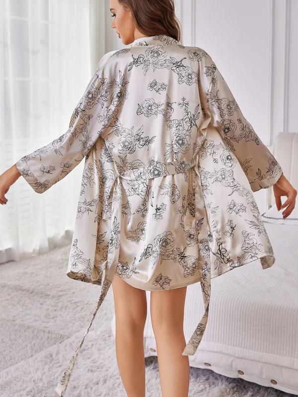 Casual V-Neck Belted Robe Floral Print with Flowy Sleeves Silk Lounge wear - Image 5